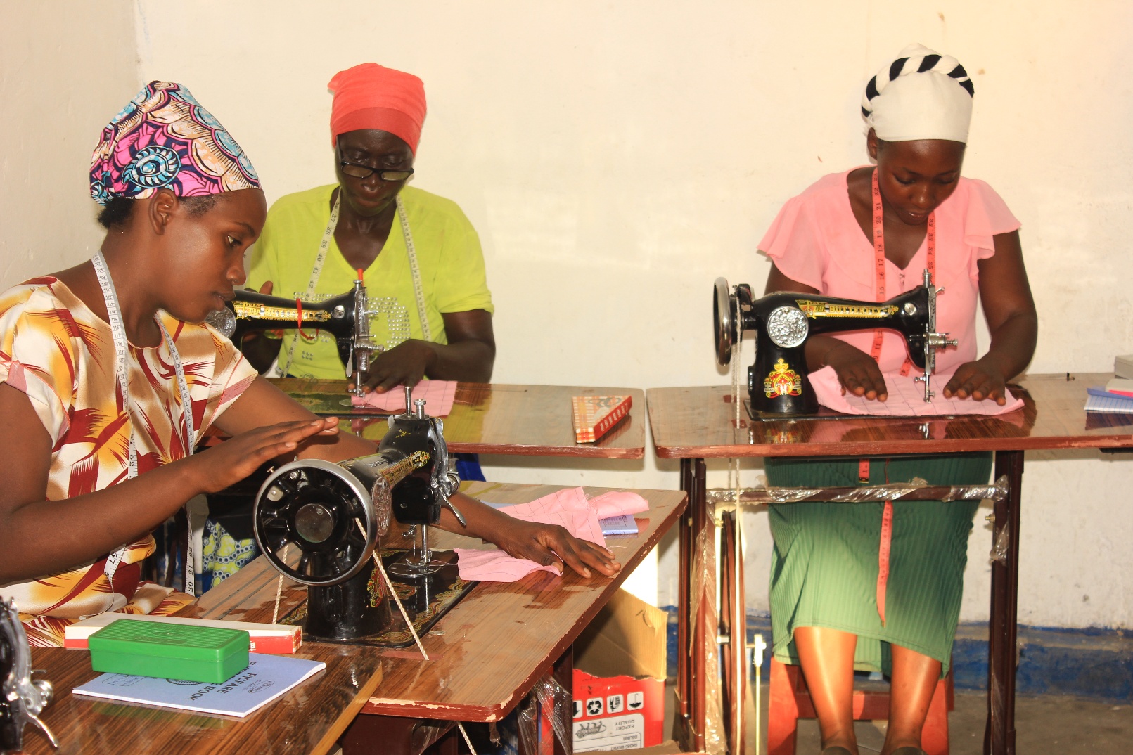 Refugee learners participating in a tailoring class at Nakivale